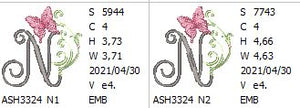 Butterfly Prelude Monogram Letter N - aStitch aHalf