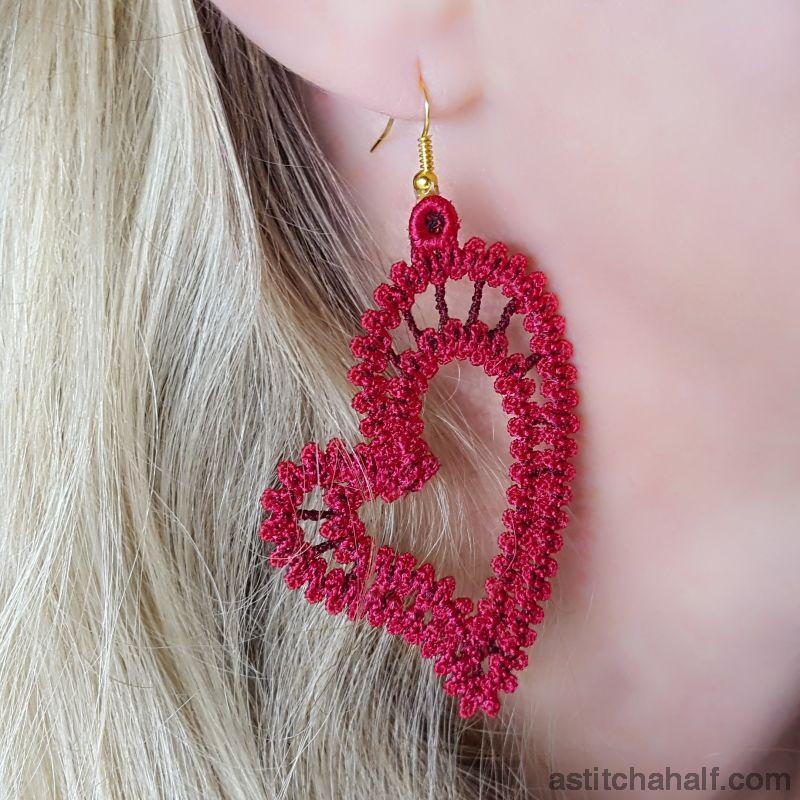 Freestanding Lace Battenburg Heart Earrings and Pendant - aStitch aHalf