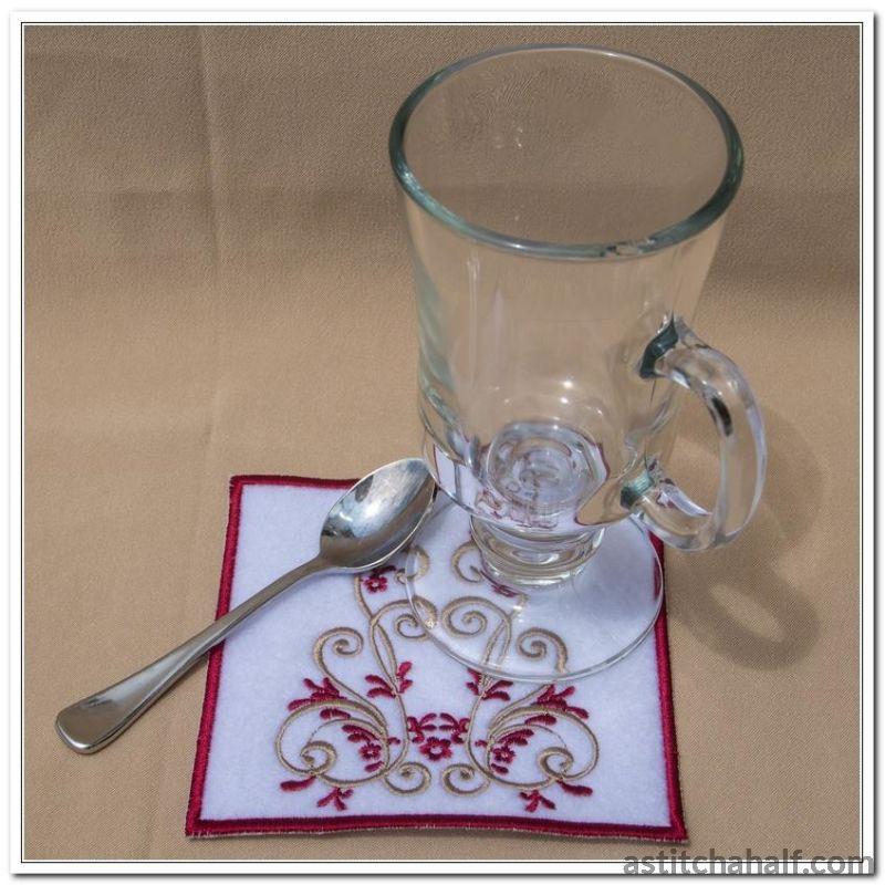 Vintage Burgundy Mug Rug and design - aStitch aHalf