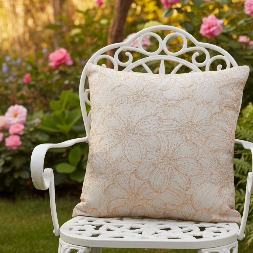 Floral-patterned pillow on a beige sofa in a living room setting