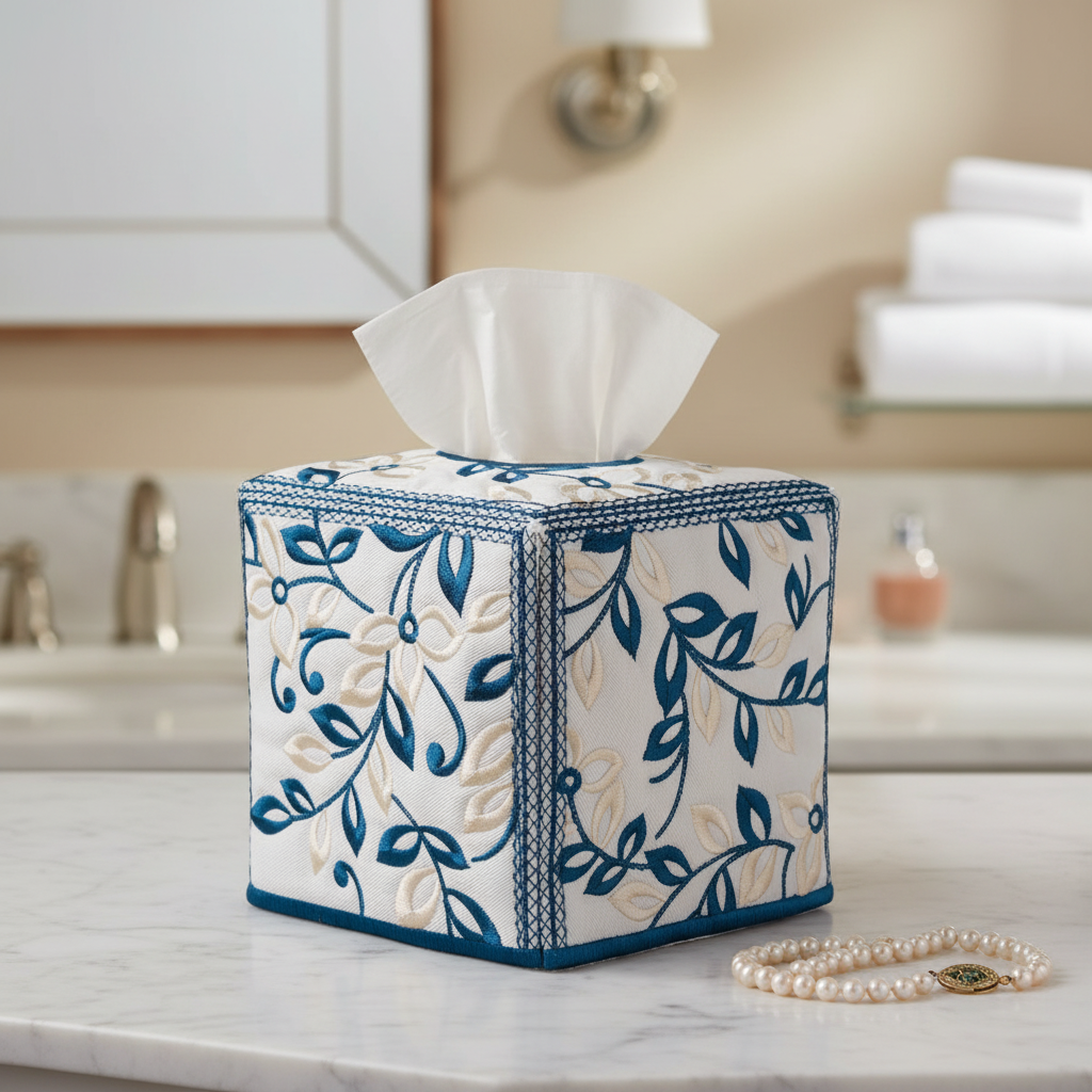 Decorative tissue box cover with floral pattern on a marble countertop.