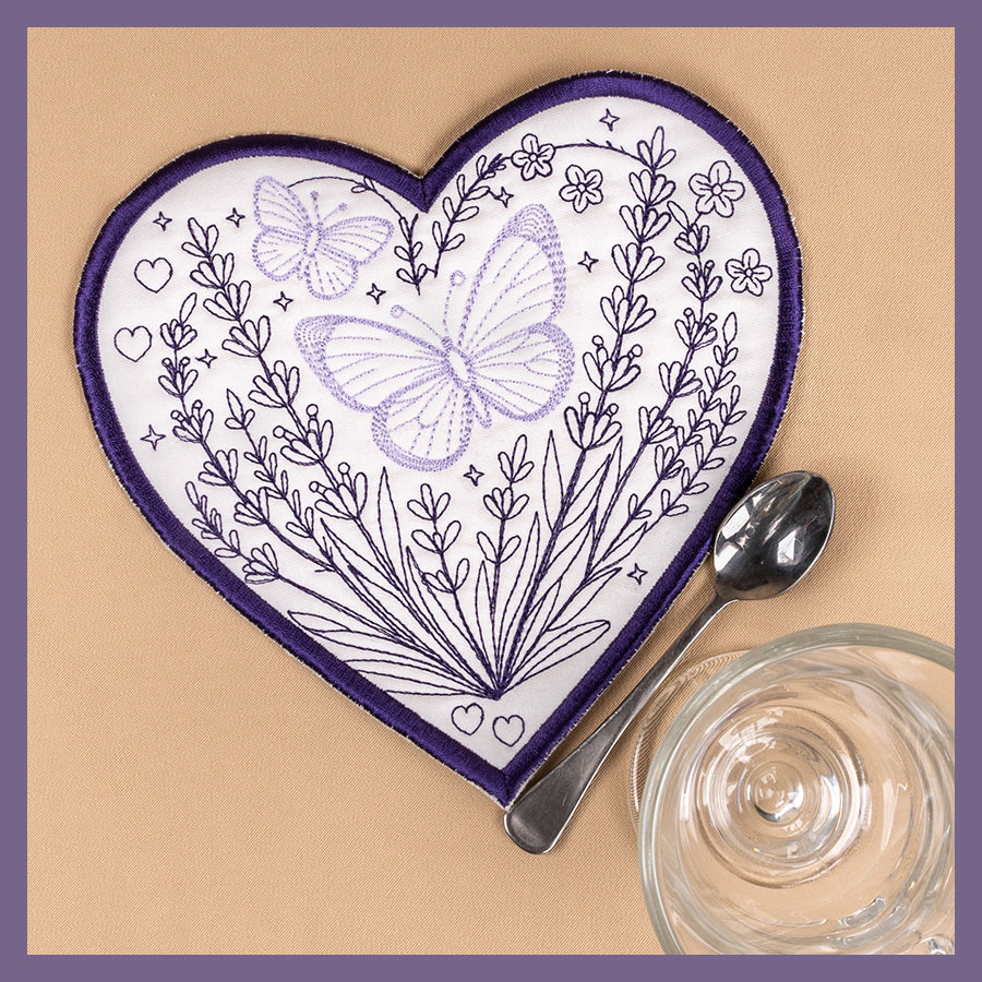Heart shaped coasters with lavender butterflies on.