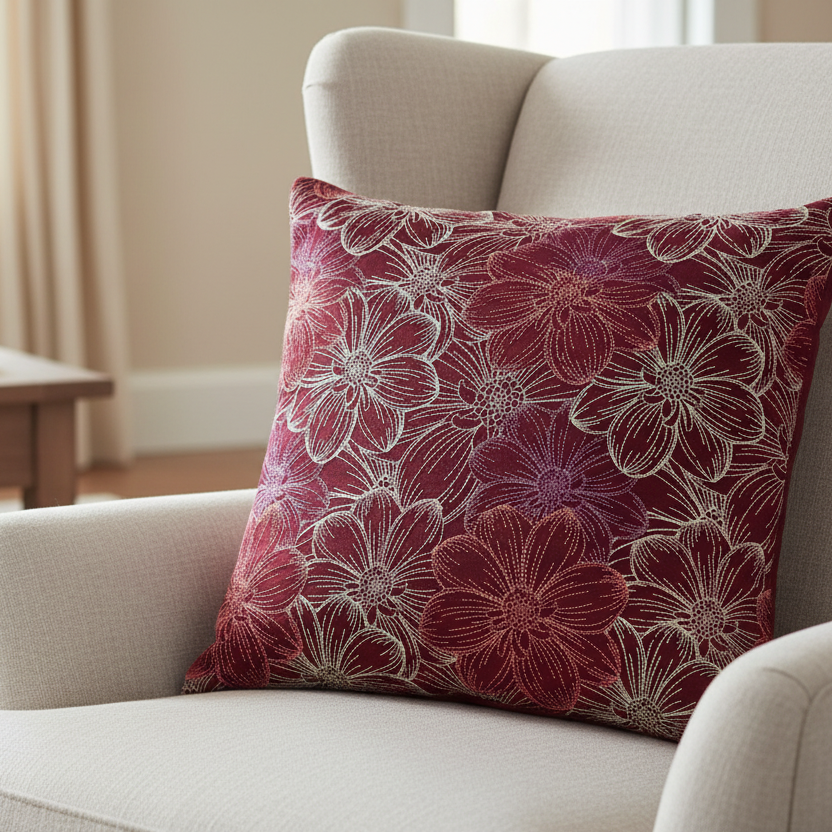 Floral-patterned pillow on a beige sofa in a living room setting