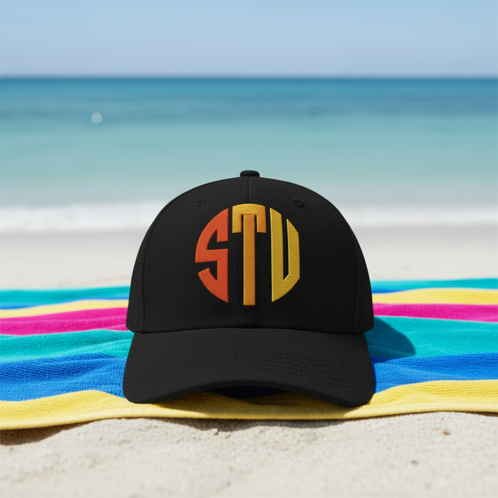 Black cap with orange and yellow 'STV' logo on a sandy beach with ocean in the background