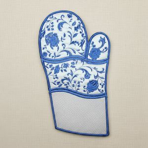 Oven mitt with blue floral pattern on a beige background