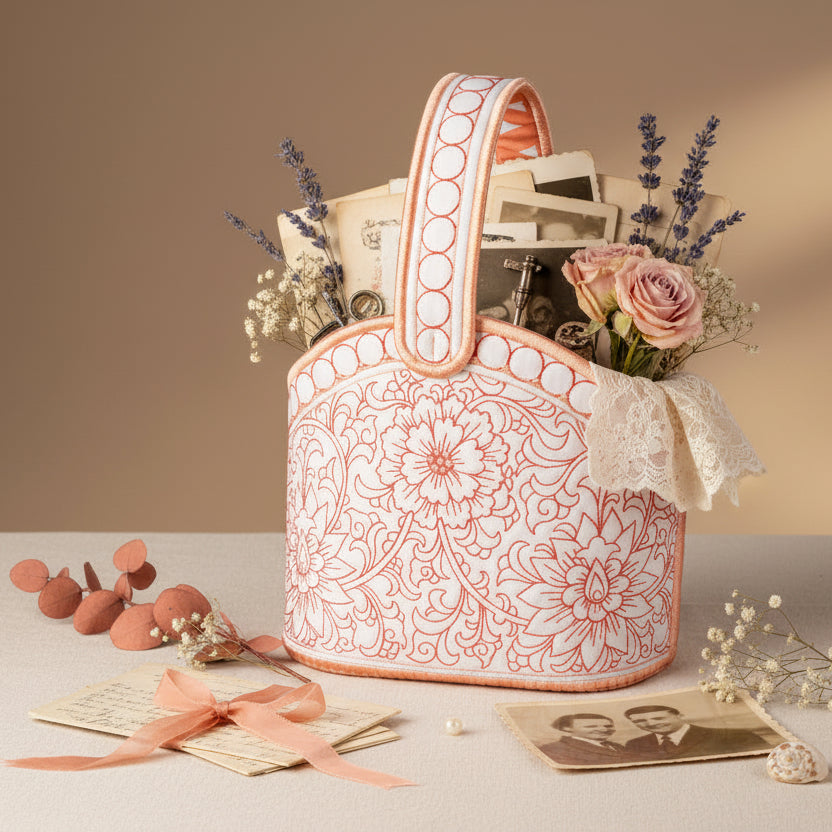 Decorative pink and white handbag with floral patterns on a beige surface.