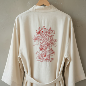 An off-white kimono robe hanging on a wooden hanger against a textured gray wall, featuring a red koi fish embroidery on the back.