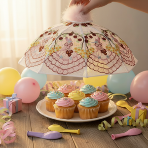 Decorative umbrella over a plate of cupcakes with balloons and party decorations in the background