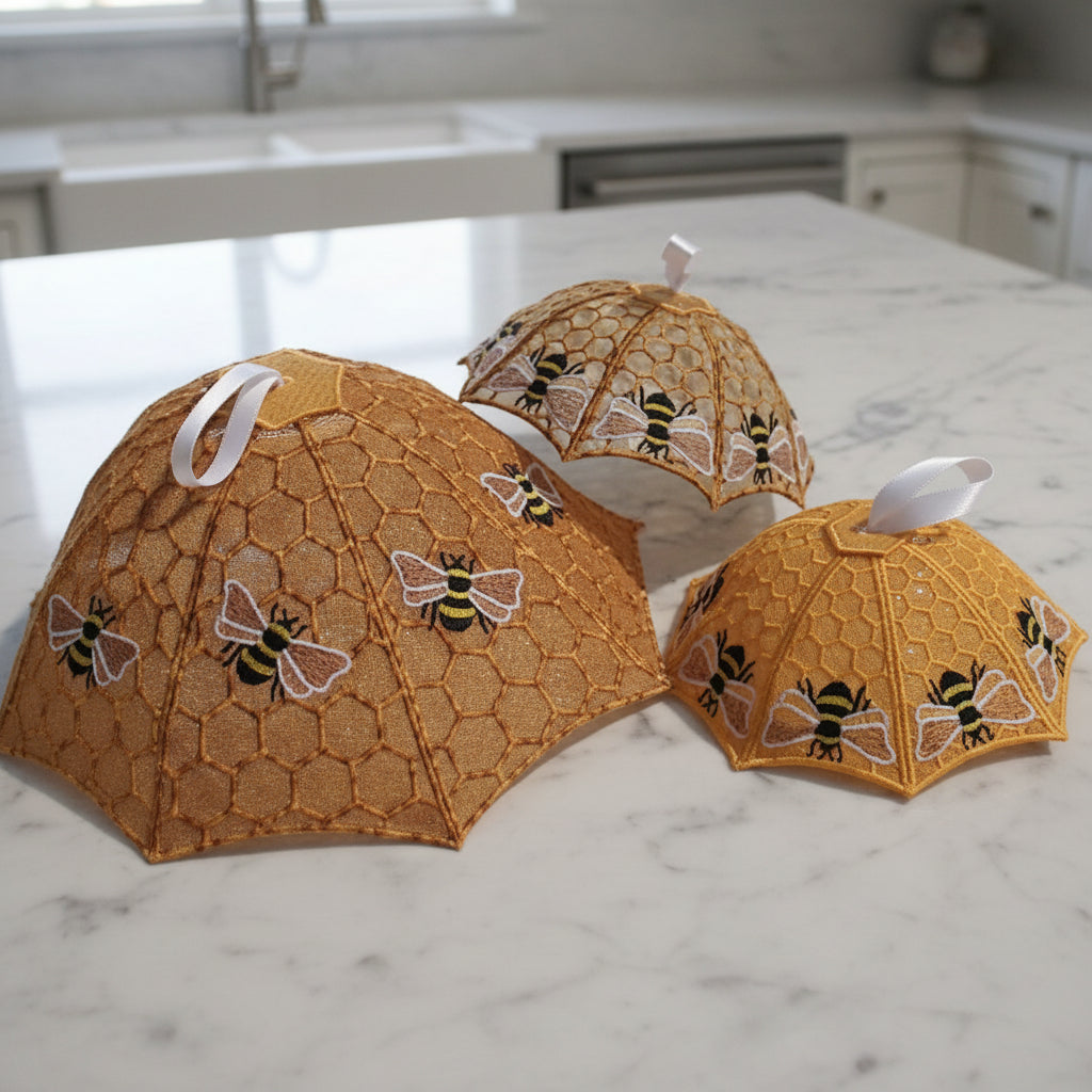Decorative umbrella with bee design over a plate of cupcakes in a kitchen setting