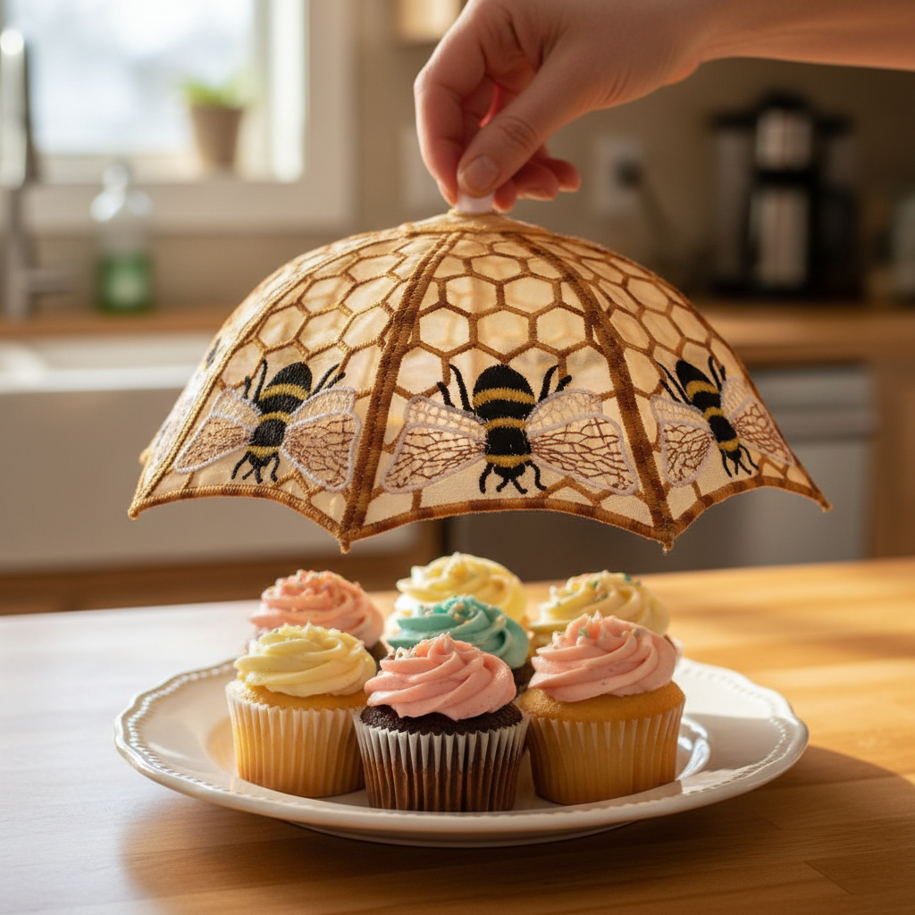 Decorative umbrella with bee design over a plate of cupcakes in a kitchen setting