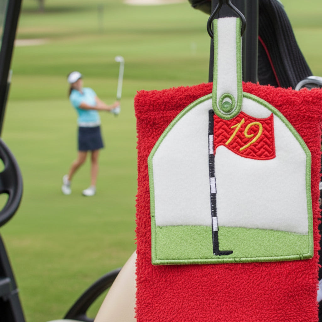 Red golf towel with a flag design and number 19 on a golf cart