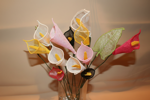 Colorful calla lily flowers in a glass vase on a neutral background