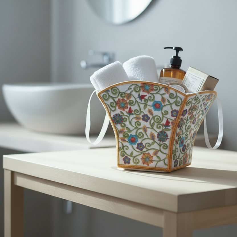 Decorative floral-patterned basket with towels and toiletries on a bathroom counter.