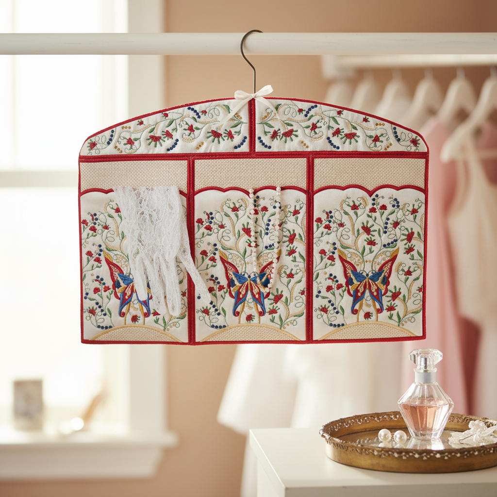 Decorative hanging organizer with floral and butterfly patterns in a room setting.