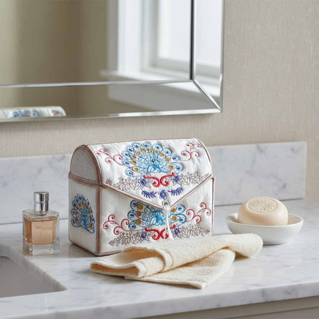 Decorative toiletry bag with colorful patterns on a bathroom counter.