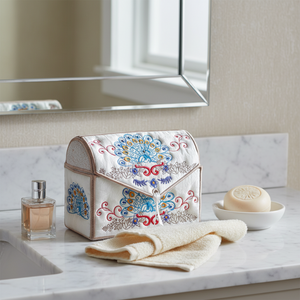 Decorative toiletry bag with colorful patterns on a bathroom counter.