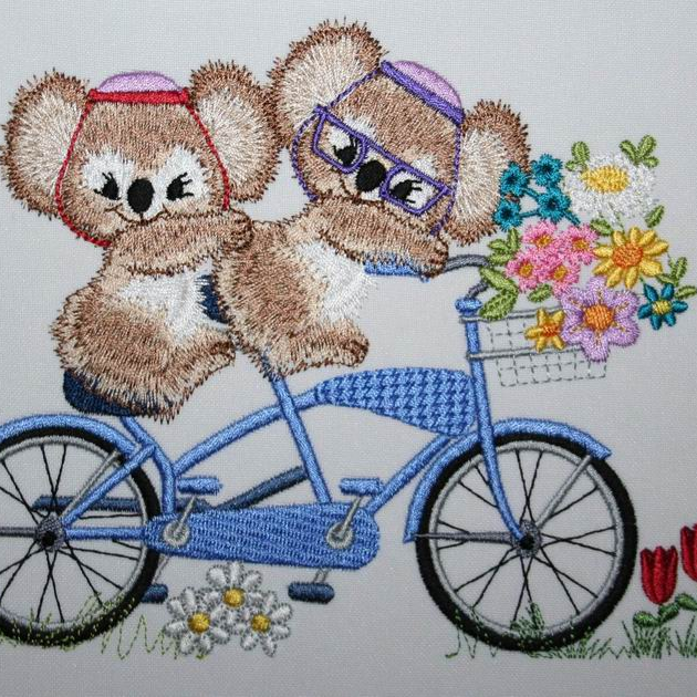 Fuzzy Koala Bears Jacob and Emma on Tandem Bicycle