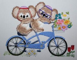 Fuzzy Koala Bears Jacob and Emma on Tandem Bicycle