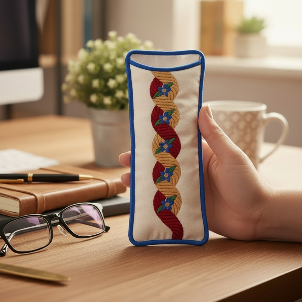 Decorative pouch with rope design held by a hand on a desk.