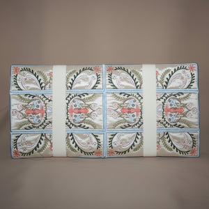 Embroidered fabric panel with floral patterns on a beige background
