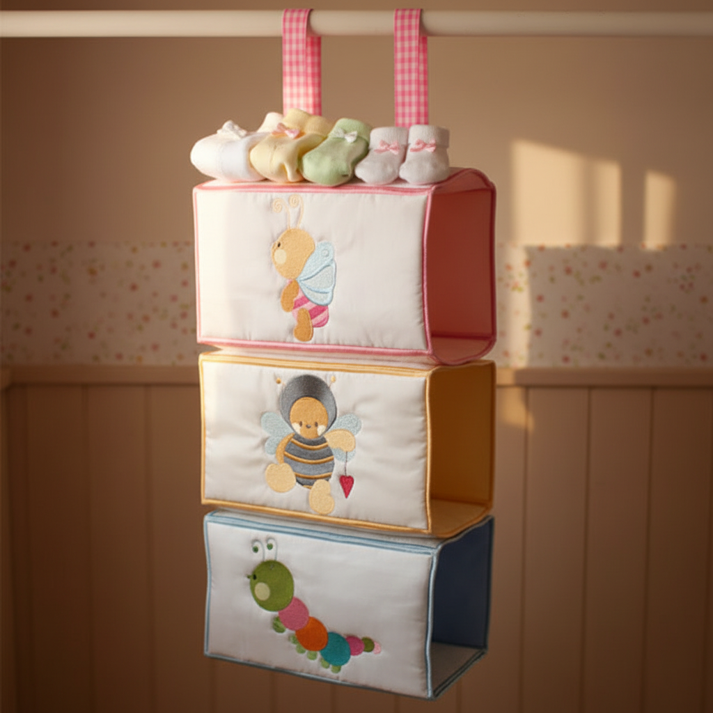 Children's storage unit with cartoon characters on a wall-mounted bracket.