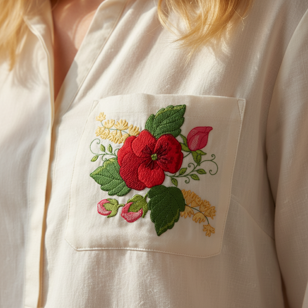 Embroidered floral design on a white shirt pocket