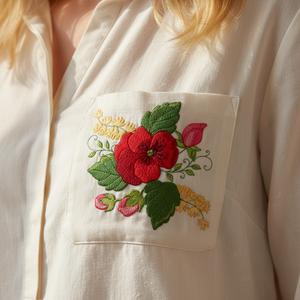 Embroidered floral design on a white shirt pocket