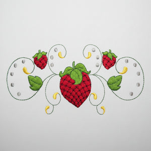 Embroidery design of strawberries with leaves and stems on a white background