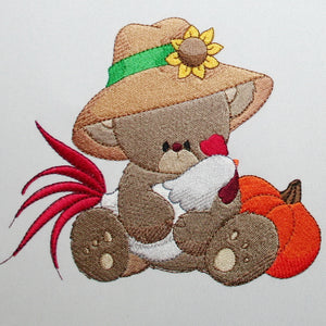Daniela Bear and her Rooster friend collecting Pumpkin for Supper