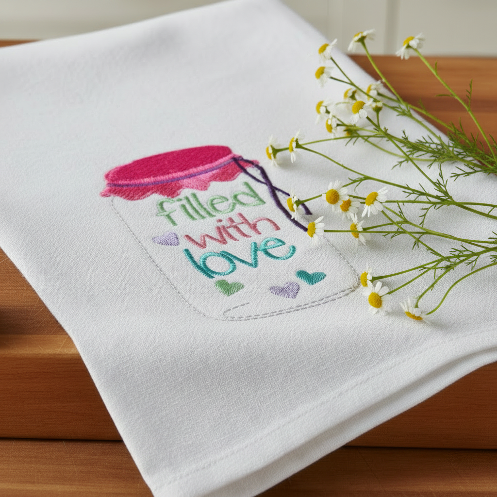 White towel with 'Filled with Love' text on a wooden surface with flowers and jam jar.