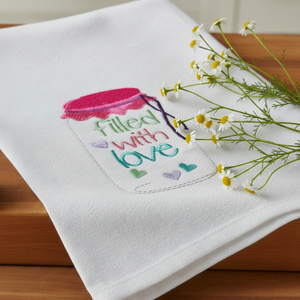 White towel with 'Filled with Love' text on a wooden surface with flowers and jam jar.