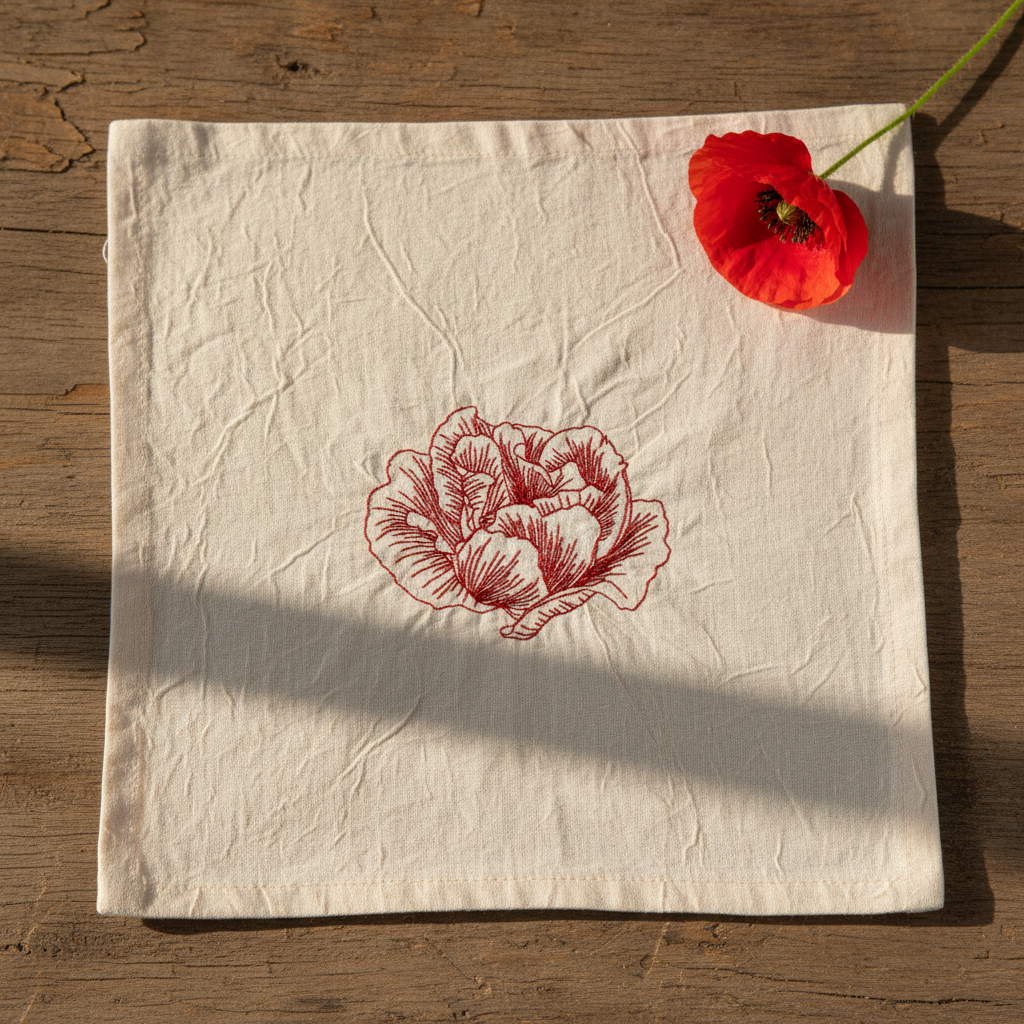 An off-white linen napkin with a red embroidered poppy flower by astitchahalf.net