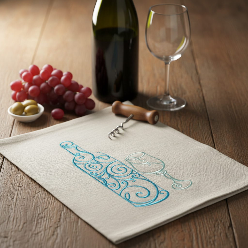 A beige kitchen towel with embroidered blue wine bottle and glass designs, styled on a wooden table with a wine bottle, wine glass, grapes, and olives by astitchahalf.net