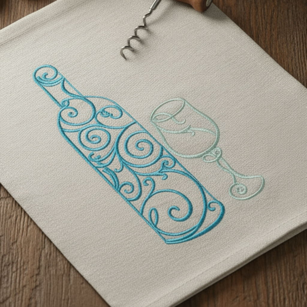 A beige kitchen towel with embroidered blue wine bottle and glass designs, styled on a wooden table with a wine bottle, wine glass, grapes, and olives by astitchahalf.net