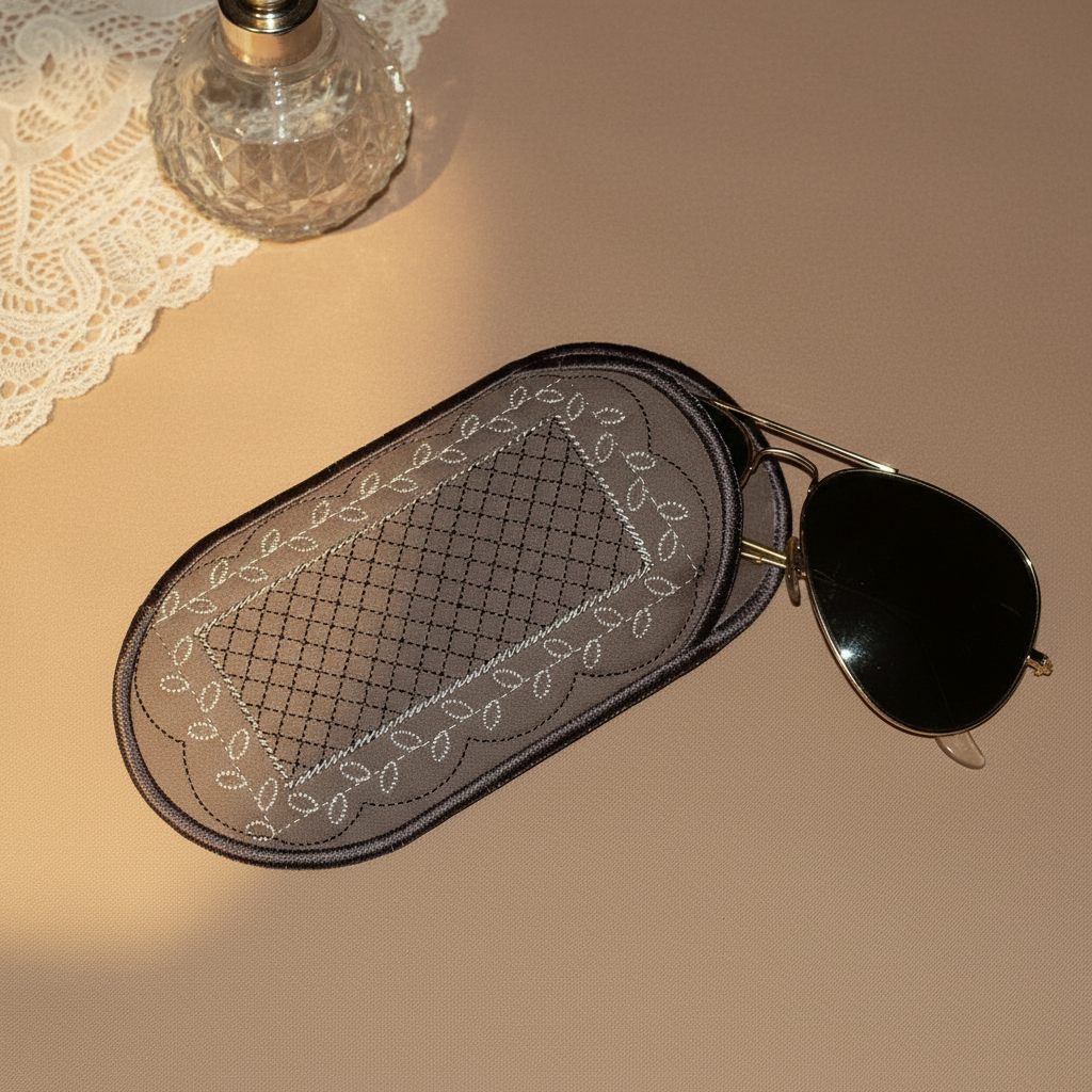 A pair of classic aviator sunglasses with black lenses and gold-tone frames, resting on a dark gray oval protective case with white embroidered leaf patterns, set against a warm beige background with a lace doily and a glass bottle prop.