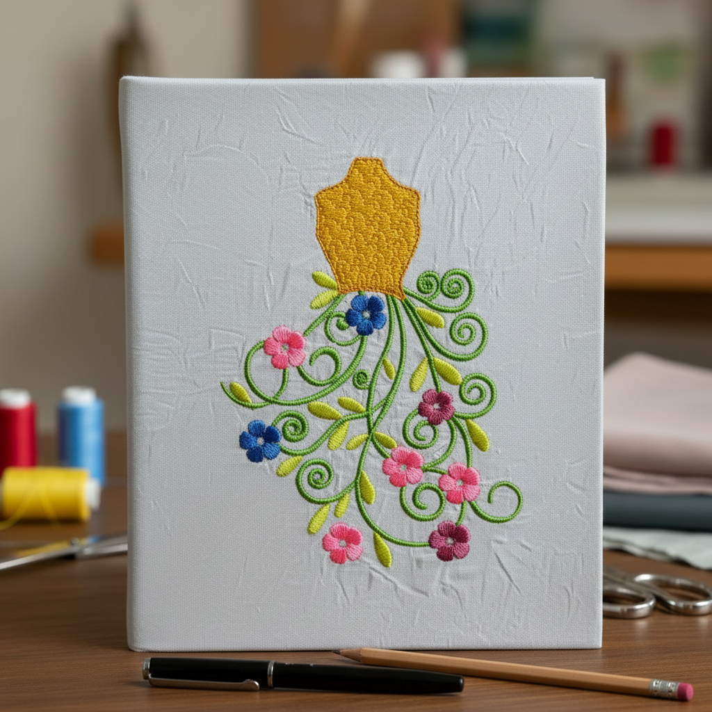 White notebook with embroidered dress design on a wooden surface with sewing materials.