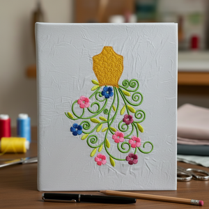 White notebook with embroidered dress design on a wooden surface with sewing materials.