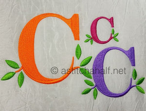 Embroidered letters 'C' in orange, pink, and purple with green leaves on a textured gray background.