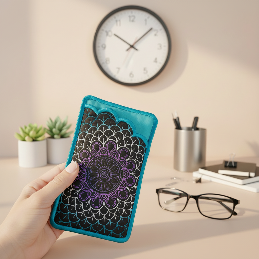 Hand holding a blue phone case with a mandala design in a room setting.