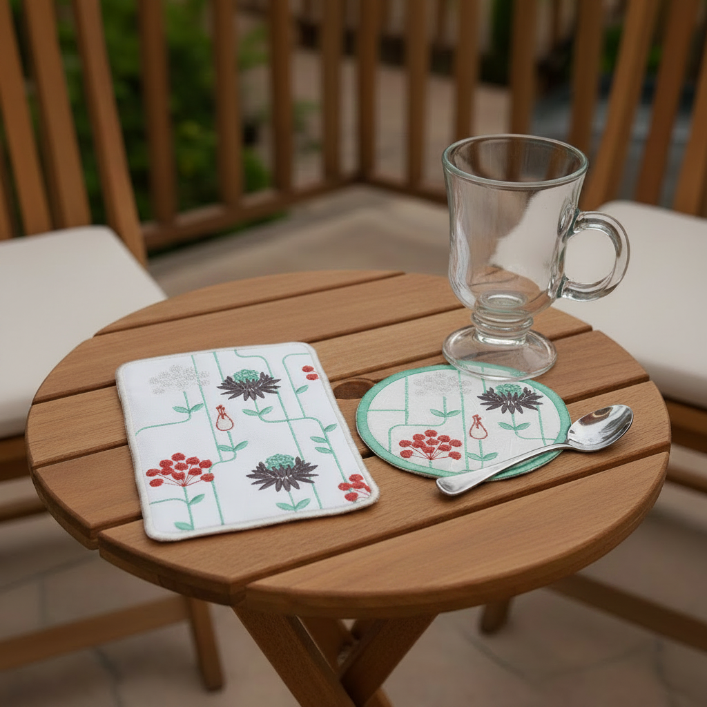 Embroidered placemat and coaster with floral design on a beige surface.