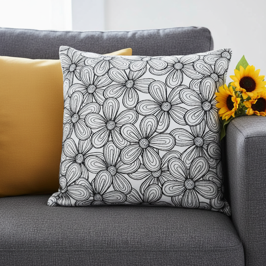 Decorative pillow with floral pattern on a gray couch with yellow pillow and sunflowers.
