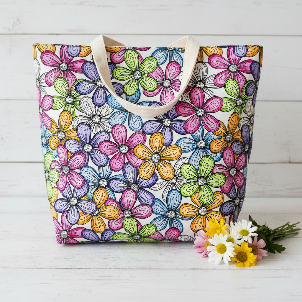 Decorative pillow with floral pattern on a gray couch with yellow pillow and sunflowers.