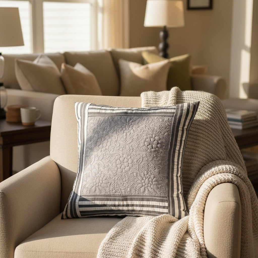 Beige sofa with a textured gray pillow and knitted blanket, next to a small table with a plant.