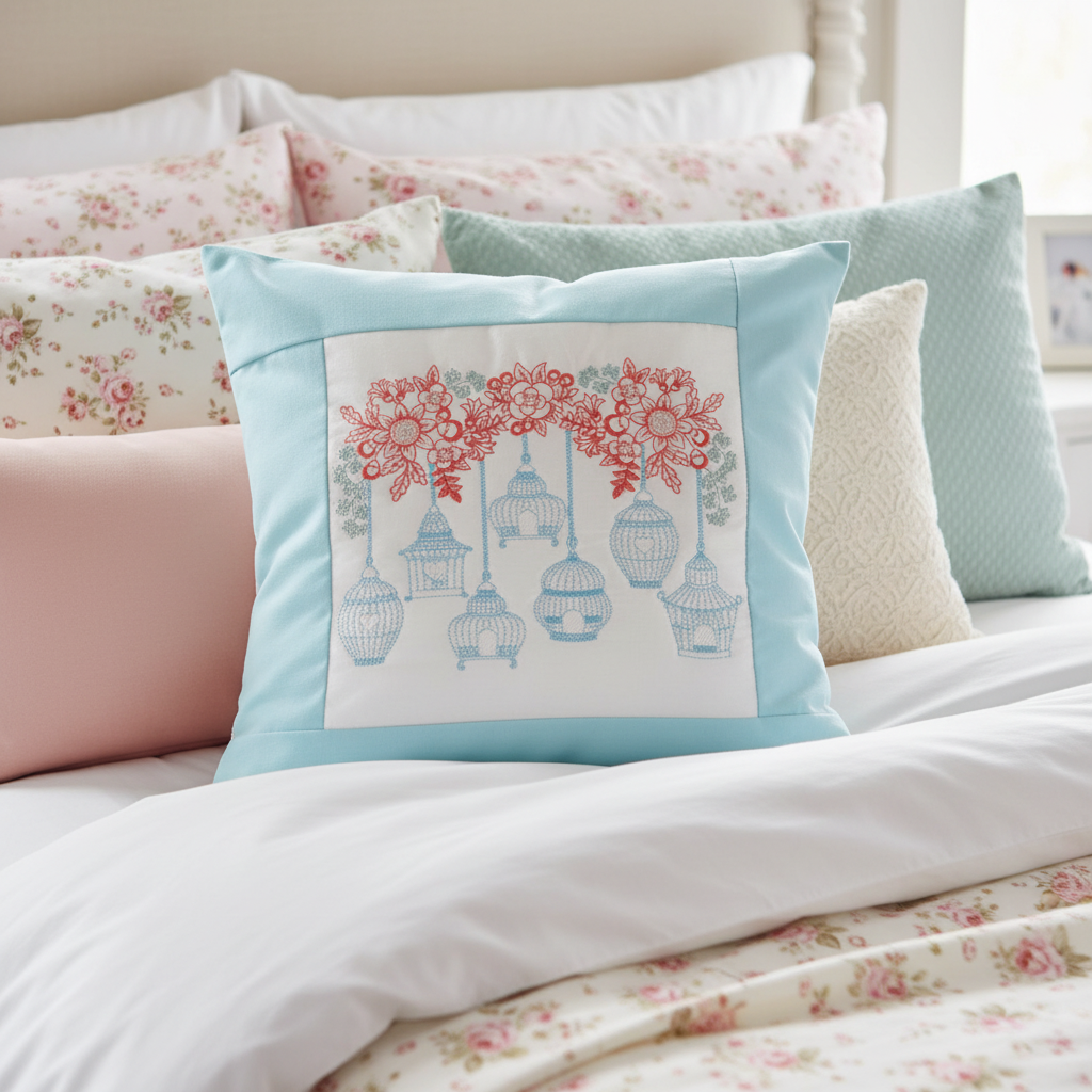 Decorative pillow with floral and birdcage design on a light blue background