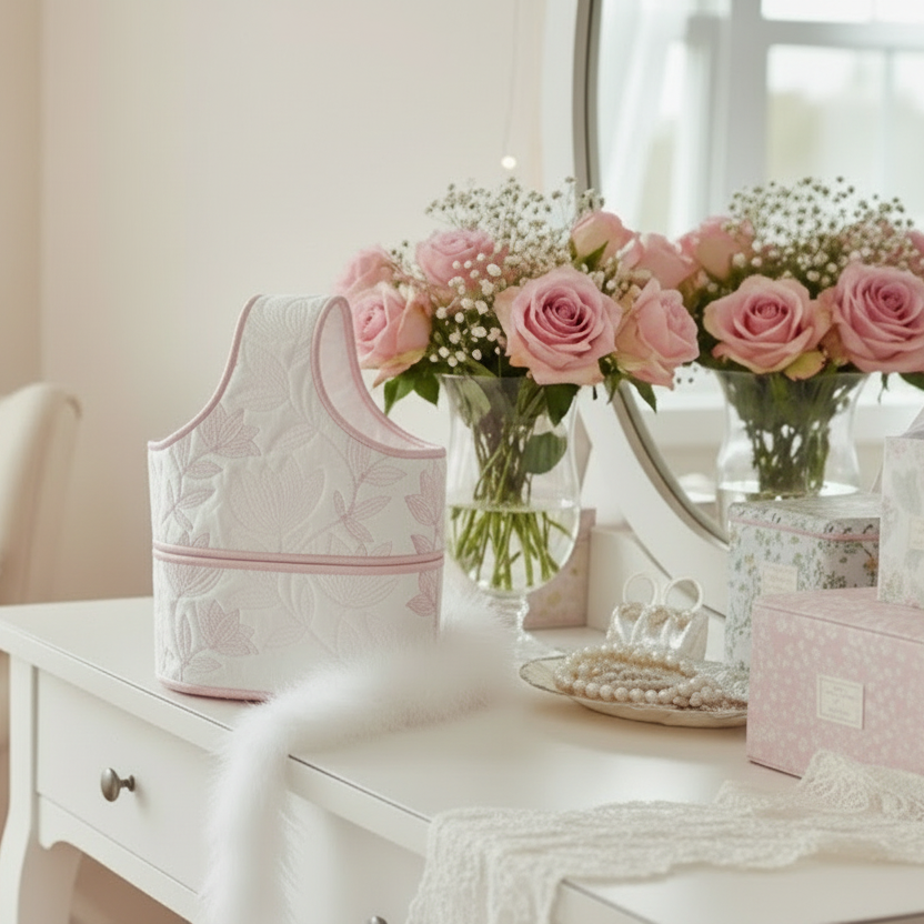 Decorative table setting with pink flowers, a white vest, and gift boxes in a softly lit room.