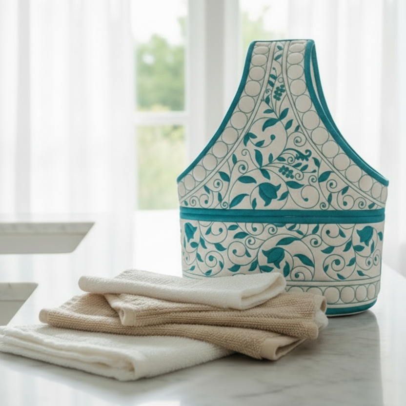 Decorative apron with floral patterns on a white surface near a window