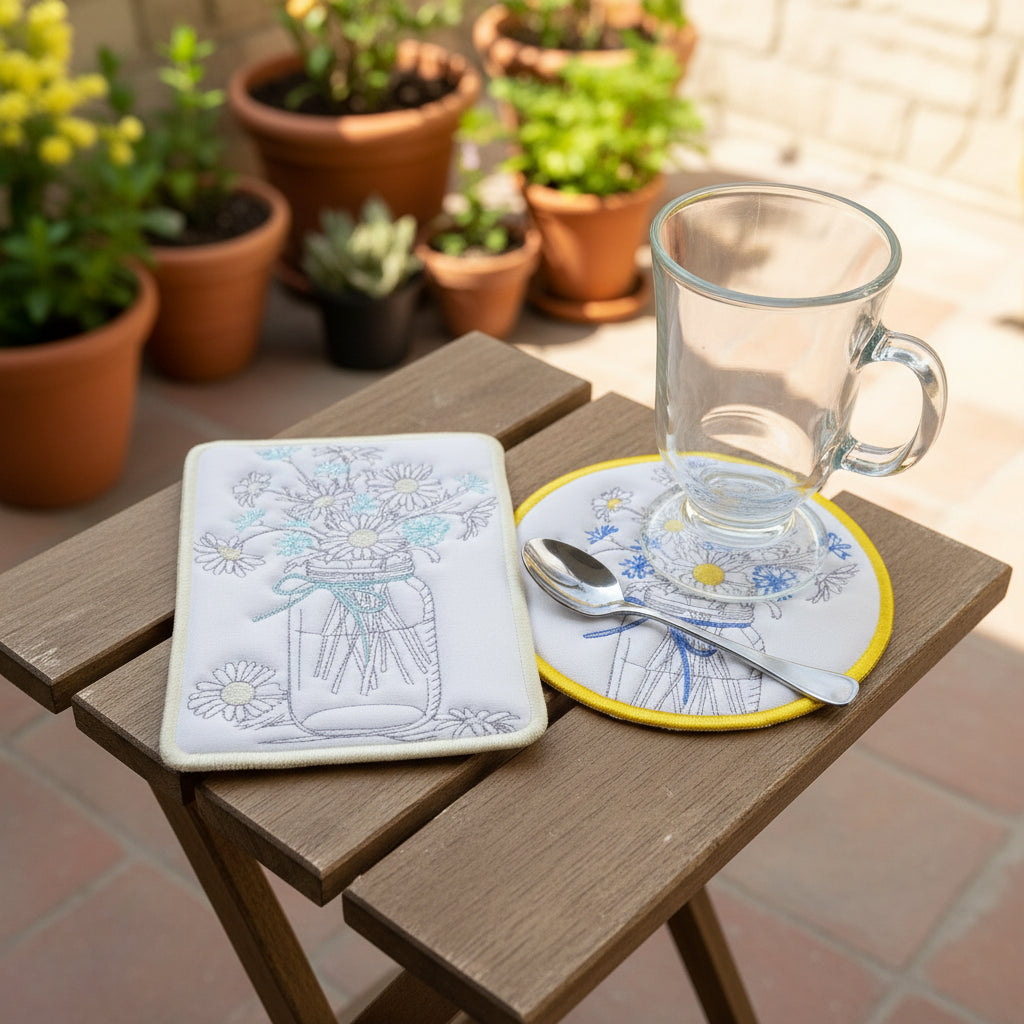 Two embroidered coasters with floral designs on a beige surface, one with a glass and spoon.