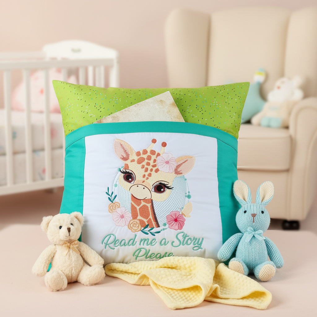 Decorative pillow with a giraffe design and text, surrounded by toys and a blanket in a nursery setting.