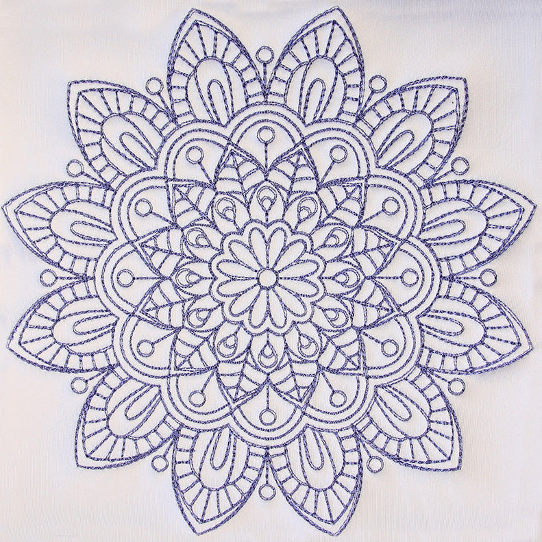 Mandala design on a white background with a purple border