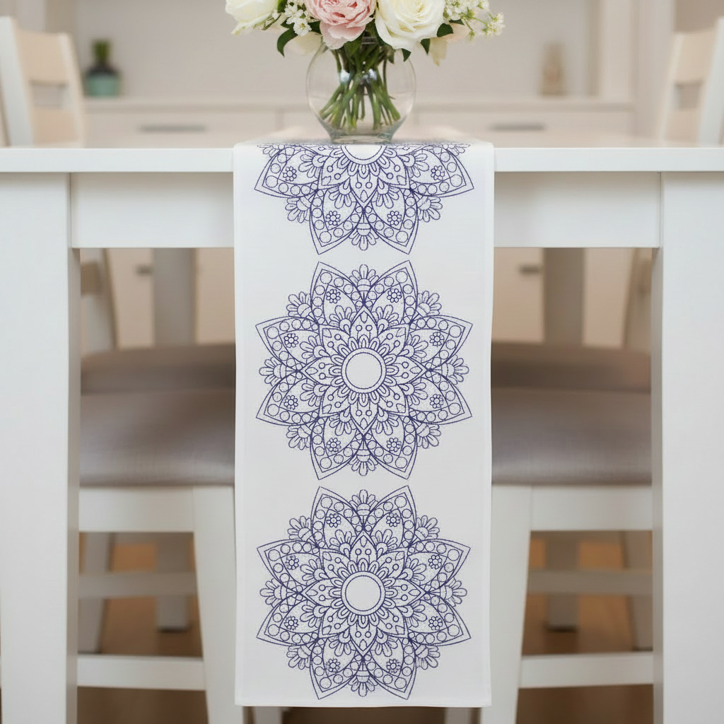 Decorative table runner with mandala patterns on a white table